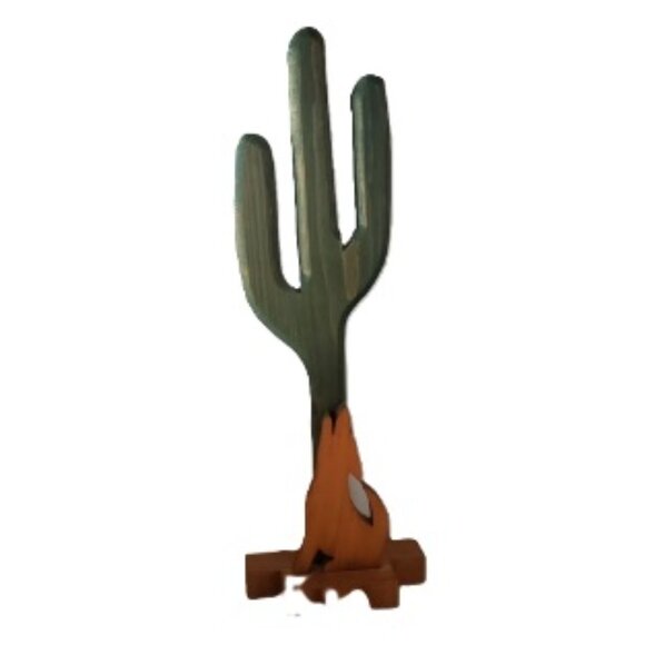 Wooden Cactus Decor Carved Howling Wolf under Cactus Tree Figurine Lightweight - Picture 1 of 3